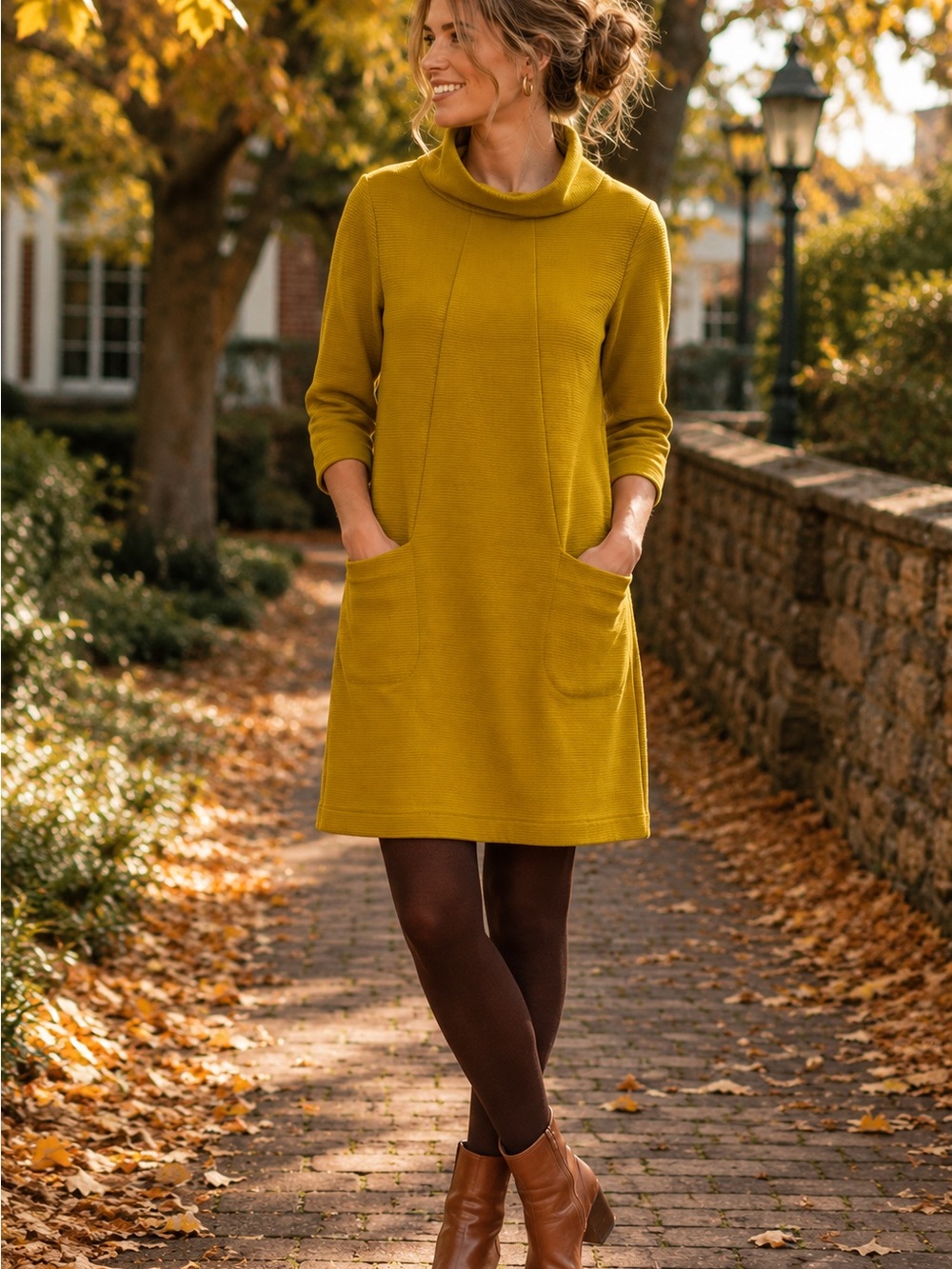 Anthropologie Boden Mustard Yellow Funnel Neck Pocket Tunic Shift Dress Sz 6